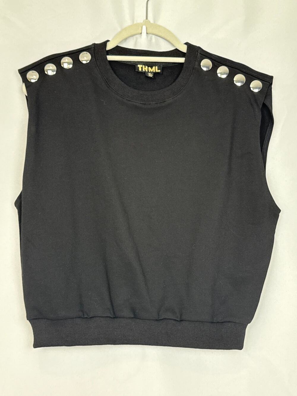THML Black Sweater Vest Silver Button Shoulders Sz S Preppy Chic